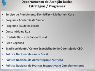 Departamento de Atenção Básica
Estratégias / Programas
• Serviço de Atendimento Domiciliar – Melhor em Casa
• Programa Academia da Saúde
• Programa Saúde na Escola
• Consultório na Rua
• Unidade Básica de Saúde Fluvial
• Rede Cegonha
• Brasil sorridente / Centro Especializado de Odontologia-CEO
• Politica Nacional de saúde Bucal
• Política Nacional de Alimentação e Nutrição
• Politica Nacional de Práticas Integrativas e Complementares
 