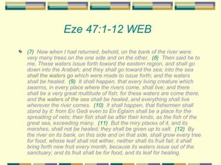 Eze 47:1-12 WEB   (7)   Now when I had returned, behold, on the bank of the river were very many trees on the one side and on the other.   (8)   Then said he to me, These waters issue forth toward the eastern region, and shall go down into the Arabah; and they shall go toward the sea; into the sea  shall the waters go  which were made to issue forth; and the waters shall be healed.  (9)   It shall happen, that every living creature which swarms, in every place where the rivers come, shall live; and there shall be a very great multitude of fish; for these waters are come there, and  the waters of the sea  shall be healed, and everything shall live wherever the river comes.  (10)   It shall happen, that fishermen shall stand by it: from En Gedi even to En Eglaim shall be a place for the spreading of nets; their fish shall be after their kinds, as the fish of the great sea, exceeding many.  (11)   But the miry places of it, and its marshes, shall not be healed; they shall be given up to salt.  (12)   By the river on its bank, on this side and on that side, shall grow every tree for food, whose leaf shall not wither, neither shall its fruit fail: it shall bring forth new fruit every month, because its waters issue out of the sanctuary; and its fruit shall be for food, and its leaf for healing. 