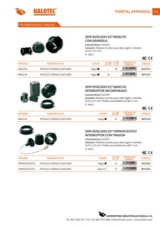 PORTALÁMPARAS                    365




Portalámparas Halotec


                                                      SEMI-ROSCADO E27 BAKELITA
                                                      CON ARANDELA
                                                      Características: 4A/250V.
                                                      Conexión: Mediante tornillos para cables rígidos o flexibles
                                                      de 0.5 a 2.5 mm2.
                                                      T: 190ºC.


MATERIAL             FIJACIÓN M10x1                          COLOR                             CÓDIGO DE         CÓDIGO
                                                                             1
                                                                                                BARRAS
BAKELITA        METÁLICA TORNILLO ANTIGIRO                  Negro                -        50                     SK01013

BAKELITA        METÁLICA TORNILLO ANTIGIRO                  Negro                24        -                     SK01014




                                                      SEMI-ROSCADO E27 BAKELITA
                                                      INTERRUPTOR INCORPORADO
                                                      Características: 2A/250V.
                                                      Conexión: Mediante tornillos para cables rígidos o flexibles
                                                      de 0.5 a 2.5 mm2. Pelado recomendado de cable 7 mm.
                                                      T: 190ºC.


MATERIAL             FIJACIÓN M10x1                                  COLOR                     CÓDIGO DE         CÓDIGO
                                                                                      1
                                                                                                BARRAS
BAKELITA        METÁLICA TORNILLO ANTIGIRO                          Negro                 12                     SK01018




                                                      SEMI-ROSCADO E27 TERMOPLÁSTICO
                                                      INTERRUPTOR CON TIRADOR
                                                      Características: 2A/250V.
                                                      Conexión: Mediante tornillos para cables rígidos o flexibles
                                                      de 0.5 a 2.5 mm2. Pelado recomendado de cable 7 mm.
                                                      T: 190ºC.


MATERIAL             FIJACIÓN M10x1                                  COLOR                     CÓDIGO DE         CÓDIGO
                                                                                      1
                                                                                                BARRAS
TERMOPLÁSTICO   METÁLICA TORNILLO ANTIGIRO                          Negro                 12                     SK01022

TERMOPLÁSTICO   METÁLICA TORNILLO ANTIGIRO                          Blanco                12                     SK01024




                                      Tel. 902 300 101 · Fax +34 963 972 988. koala@koala-sa.es · www.koala-sa.es
 