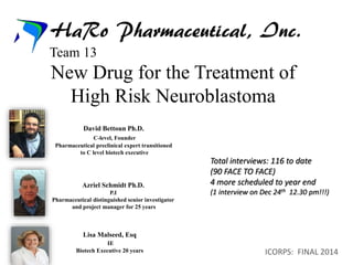 New Drug for the Treatment of 
High Risk Neuroblastoma 
Total interviews: 116 to date 
(90 FACE TO FACE) 
4 more scheduled to year end 
(1 interview on Dec 24th 12.30 pm!!!) 
ICORPS: FINAL 2014 
David Bettoun Ph.D. 
C-level, Founder 
Pharmaceutical preclinical expert transitioned 
to C level biotech executive 
Azriel Schmidt Ph.D. 
P.I 
Pharmaceutical distinguished senior investigator 
and project manager for 25 years 
Lisa Malseed, Esq 
IE 
Biotech Executive 20 years 
 