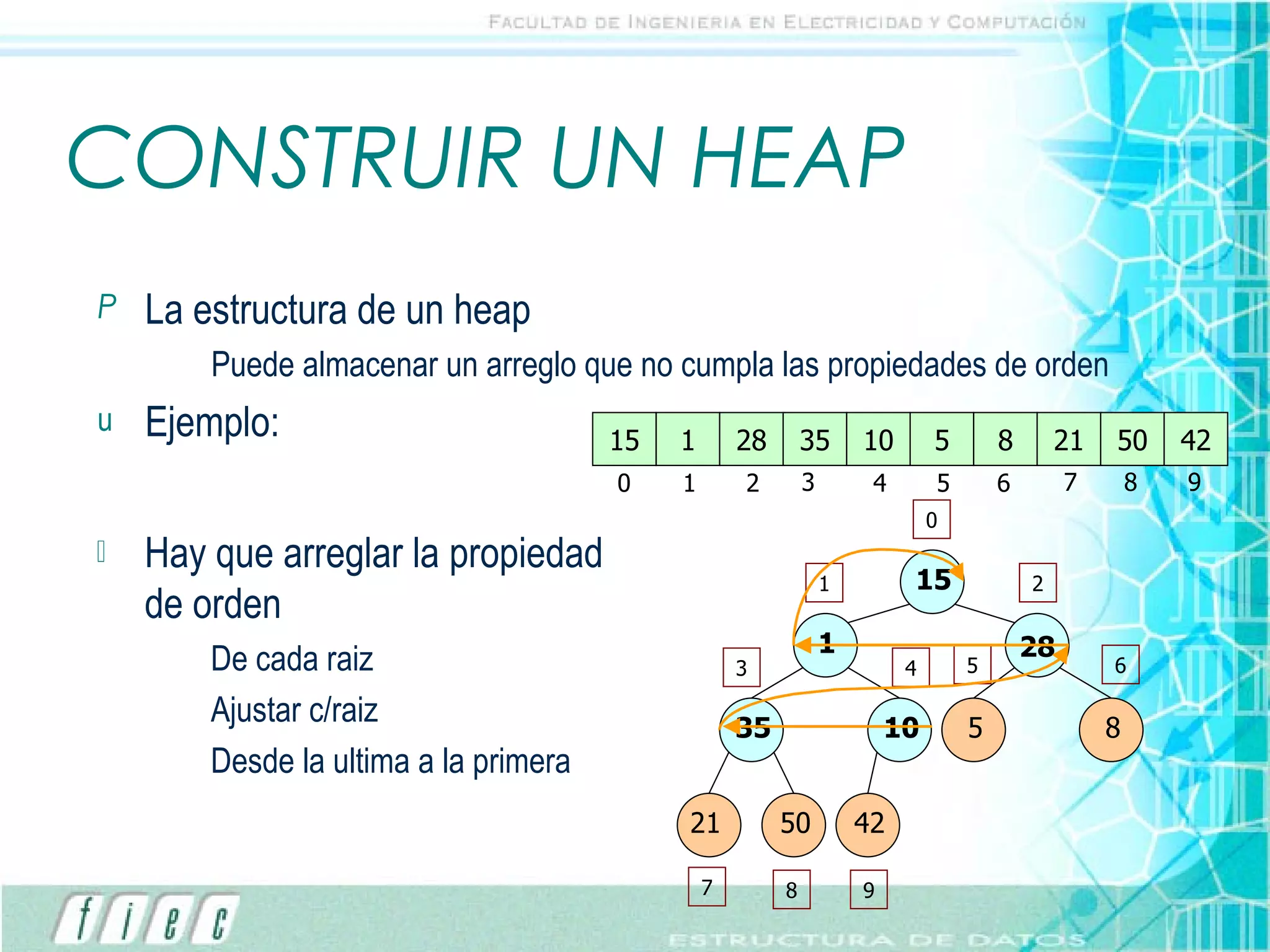 CONSTRUIR UN HEAP La estructura de un heap  Puede almacenar un arreglo que no cumpla las propiedades de orden Ejemplo: Hay que arreglar la propiedad de orden De cada raiz Ajustar c/raiz Desde la ultima a la primera 15 1 28 35 10 5 8 21 50 42 0 1 2 3 4 5 6 7 8 9 15 1 28 35 10 5 8 21 50 42 0 1 2 3 4 5 6 7 8 9 