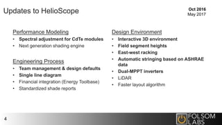 Updates to HelioScope
Performance Modeling
• Spectral adjustment for CdTe modules
• Next generation shading engine
Engineering Process
• Team management & design defaults
• Single line diagram
• Financial integration (Energy Toolbase)
• Standardized shade reports
Design Environment
• Interactive 3D environment
• Field segment heights
• East-west racking
• Automatic stringing based on ASHRAE
data
• Dual-MPPT inverters
• LiDAR
• Faster layout algorithm
4
Oct 2016
May 2017
 