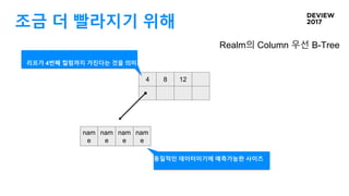 조금 더 빨라지기 위해
4 8 12
Realm의 Column 우선 B-Tree
nam
e
nam
e
nam
e
nam
e
리프가 4번째 컬럼까지 가진다는 것을 의미
동질적인 데이터이기에 예측가능한 사이즈
 