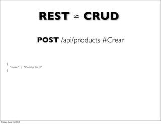REST ⋍ CRUD

                                      POST /api/products #Crear

      {
      	
  	
  "name"	
  :	
  "Producto	
  2"
      }




Friday, June 15, 2012
 