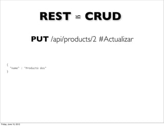 REST ⋍ CRUD
                              PUT /api/products/2 #Actualizar


      {
      	
  	
  "name"	
  :	
  "Producto	
  dos"
      }




Friday, June 15, 2012
 