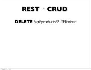 REST ⋍ CRUD
                        DELETE /api/products/2 #Eliminar




Friday, June 15, 2012
 