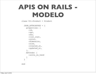 APIS ON RAILS -
                           MODELO
                        class V2::Product < Product

                          JSON_ATTRIBUTES = {
                            properties: [
                               :id,
                               :upc,
                               :sku,
                               :list_cost,
                               :color,
                               :dimension,
                               :size,
                               :created_at,
                               :updated_at,
                            ],
                            methods: [
                               :units_on_hand
                            ]
                          }

                        end



Friday, June 15, 2012
 