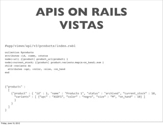 APIS ON RAILS
                                      VISTAS
    #app/views/api/v3/products/index.rabl

    collection @products
    attributes :id, :name, :status
    node(:url) {|product| product_url(product) }
    node(:current_stock) {|product| product.variants.map(&:on_hand).sum }
    child :variants do
      attributes :upc, :color, :size, :on_hand
    end




    {"products"	
  :	
  
    	
  	
  [
    	
  	
  	
  	
  {"product"	
  :	
  {	
  "id"	
  :	
  1,	
  "name"	
  :	
  "Producto	
  1",	
  "status"	
  :	
  "archived",	
  “current_stock”	
  :	
  10,
    	
  	
  	
  	
  	
  	
  “variants”	
  :	
  [	
  {“upc”	
  :	
  “ASDFS”,	
  “color”	
  :	
  “negro”,	
  “size”	
  :	
  “M”,	
  “on_hand”	
  :	
  10}	
  ]
    	
  	
  	
  	
  	
  	
  }
    	
  	
  	
  	
  }
    	
  	
  ]
    }



Friday, June 15, 2012
 
