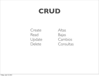 CRUD

                        Create   Altas
                        Read     Bajas
                        Update   Cambios
                        Delete   Consultas




Friday, June 15, 2012
 