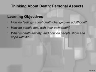 Thinking About Death: Personal Aspects

Learning Objectives
• How do feelings about death change over adulthood?
• How do people deal with their own death?
• What is death anxiety, and how do people show and
  cope with it?




                                                       15 of 36
 