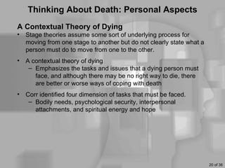 Thinking About Death: Personal Aspects
A Contextual Theory of Dying
• Stage theories assume some sort of underlying process for
  moving from one stage to another but do not clearly state what a
  person must do to move from one to the other.
• A contextual theory of dying
   – Emphasizes the tasks and issues that a dying person must
     face, and although there may be no right way to die, there
     are better or worse ways of coping with death
• Corr identified four dimension of tasks that must be faced.
   – Bodily needs, psychological security, interpersonal
     attachments, and spiritual energy and hope




                                                                     20 of 36
 