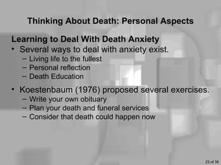 Thinking About Death: Personal Aspects

Learning to Deal With Death Anxiety
• Several ways to deal with anxiety exist.
  – Living life to the fullest
  – Personal reflection
  – Death Education
• Koestenbaum (1976) proposed several exercises.
  – Write your own obituary
  – Plan your death and funeral services
  – Consider that death could happen now




                                              23 of 36
 
