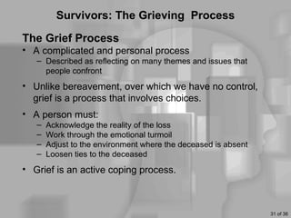 Survivors: The Grieving Process

The Grief Process
• A complicated and personal process
   – Described as reflecting on many themes and issues that
     people confront
• Unlike bereavement, over which we have no control,
  grief is a process that involves choices.
• A person must:
   –   Acknowledge the reality of the loss
   –   Work through the emotional turmoil
   –   Adjust to the environment where the deceased is absent
   –   Loosen ties to the deceased
• Grief is an active coping process.



                                                                31 of 36
 