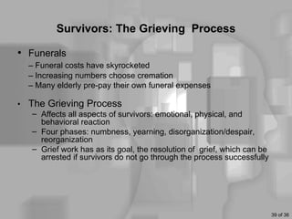 Survivors: The Grieving Process

• Funerals
   – Funeral costs have skyrocketed
   – Increasing numbers choose cremation
   – Many elderly pre-pay their own funeral expenses

• The Grieving Process
   – Affects all aspects of survivors: emotional, physical, and
     behavioral reaction
   – Four phases: numbness, yearning, disorganization/despair,
     reorganization
   – Grief work has as its goal, the resolution of grief, which can be
     arrested if survivors do not go through the process successfully




                                                                         39 of 36
 