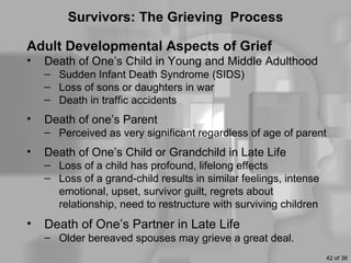 Survivors: The Grieving Process

Adult Developmental Aspects of Grief
•   Death of One’s Child in Young and Middle Adulthood
    – Sudden Infant Death Syndrome (SIDS)
    – Loss of sons or daughters in war
    – Death in traffic accidents
•   Death of one’s Parent
    – Perceived as very significant regardless of age of parent
•   Death of One’s Child or Grandchild in Late Life
    – Loss of a child has profound, lifelong effects
    – Loss of a grand-child results in similar feelings, intense
      emotional, upset, survivor guilt, regrets about
      relationship, need to restructure with surviving children
•   Death of One’s Partner in Late Life
    – Older bereaved spouses may grieve a great deal.
                                                                   42 of 36
 