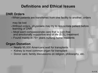 Definitions and Ethical Issues

DNR Orders
  –When patients are transferred from one facility to another, orders
   may be lost
  –Without orders, physicians may try to resuscitate patient before
   learning of DNR
  – Most want compassionate care that is pain-free
    and emotionally supportive end of life (EOL) treatment
  – Found mainly in 75+ years nursing home residents

Organ Donation
  – Nearly 95,000 Americans wait for transplants
  – Kidney is most common organ for transplant
  – Donor card, family discussions on religion, philosophy, etc.




                                                                        8 of 36
 