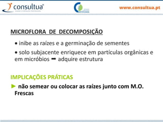 MICROFLORA DE DECOMPOSIÇÃO
 inibe as raízes e a germinação de sementes
 solo subjacente enriquece em partículas orgânicas e
em micróbios  adquire estrutura
IMPLICAÇÕES PRÁTICAS
► não semear ou colocar as raízes junto com M.O.
Frescas
 