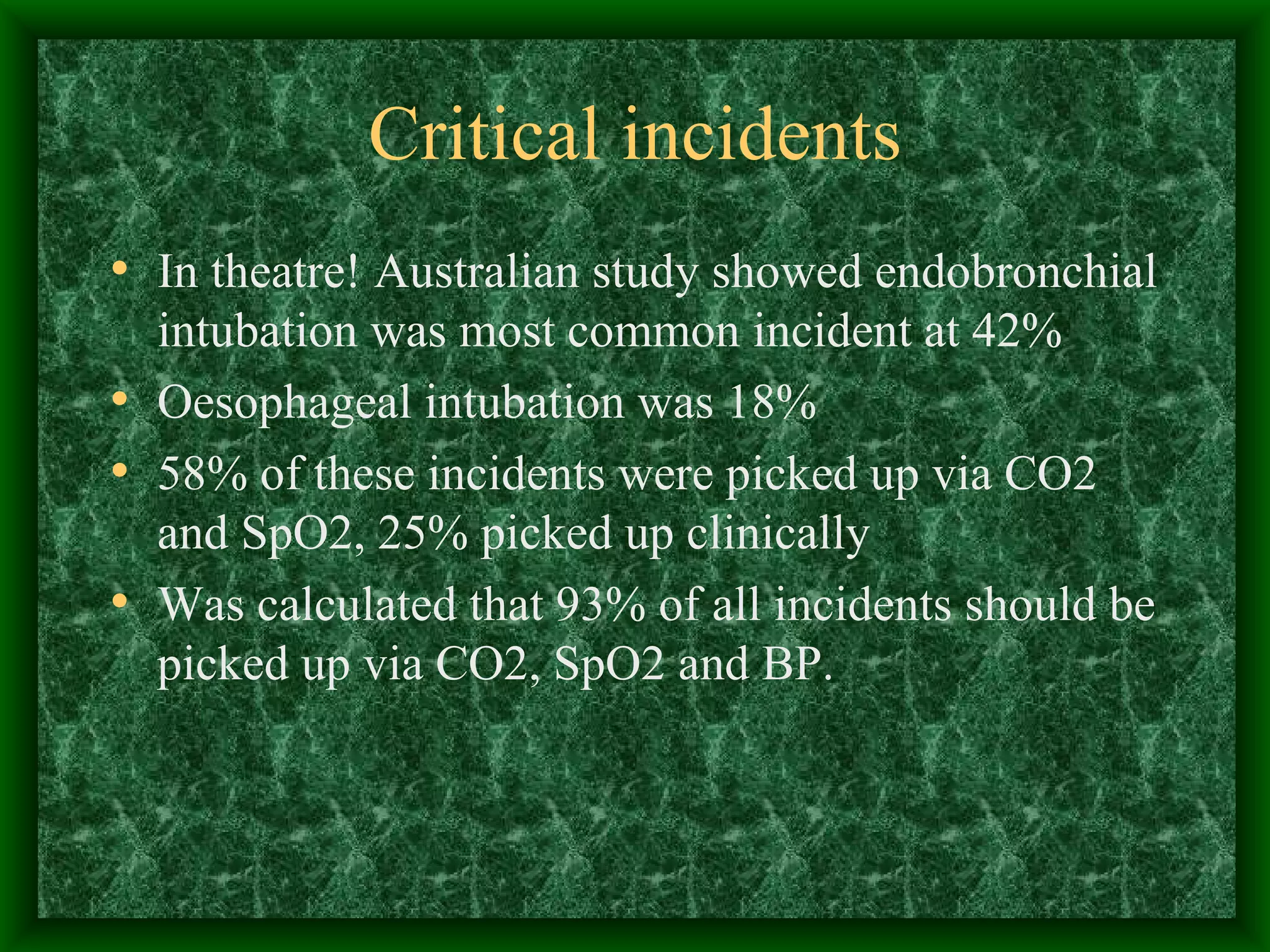 Critical incidents In theatre! Australian study showed endobronchial intubation was most common incident at 42% Oesophageal intubation was 18% 58% of these incidents were picked up via CO2 and SpO2, 25% picked up clinically Was calculated that 93% of all incidents should be picked up via CO2, SpO2 and BP.