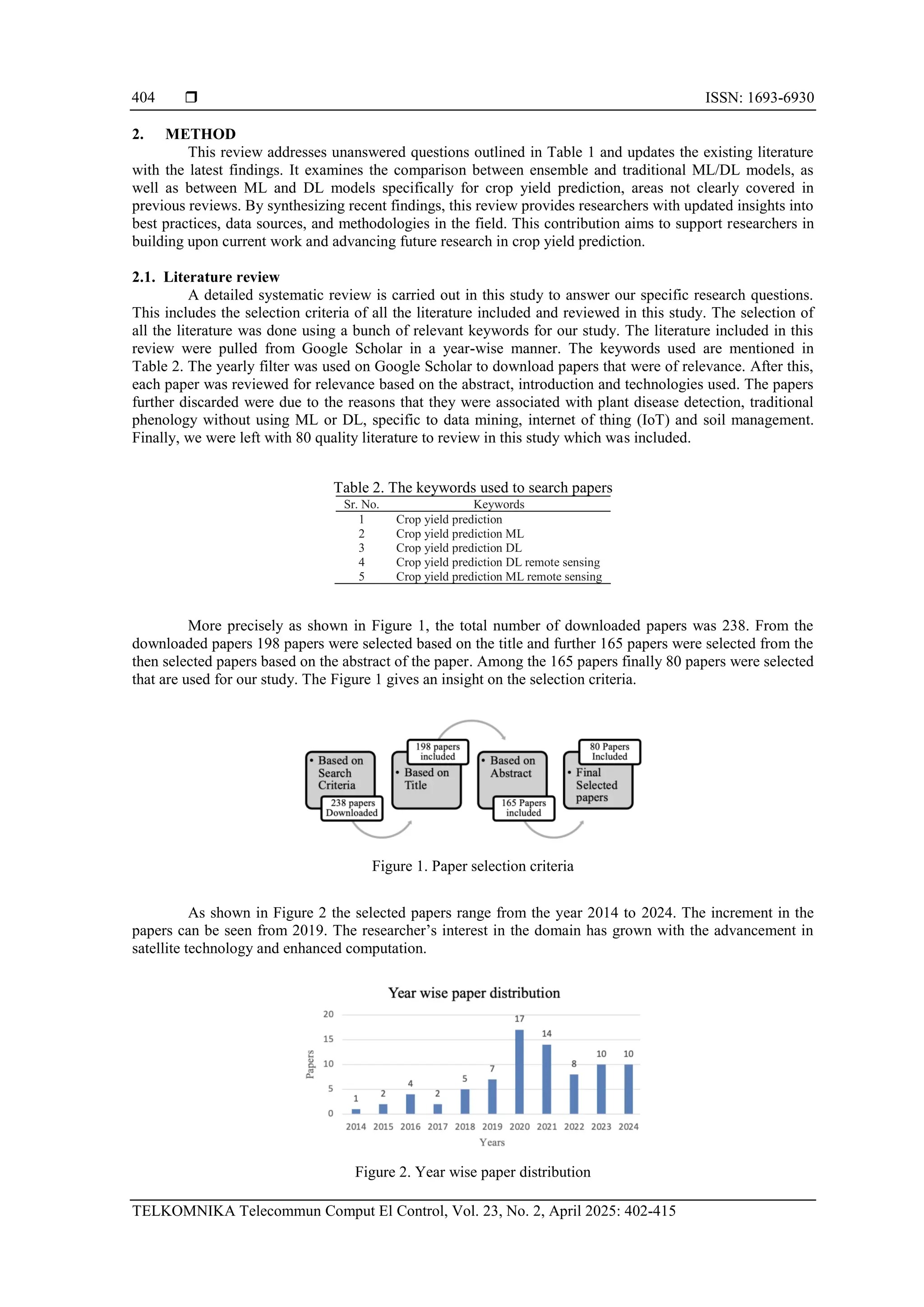  ISSN: 1693-6930
TELKOMNIKA Telecommun Comput El Control, Vol. 23, No. 2, April 2025: 402-415
404
2. METHOD
This review addresses unanswered questions outlined in Table 1 and updates the existing literature
with the latest findings. It examines the comparison between ensemble and traditional ML/DL models, as
well as between ML and DL models specifically for crop yield prediction, areas not clearly covered in
previous reviews. By synthesizing recent findings, this review provides researchers with updated insights into
best practices, data sources, and methodologies in the field. This contribution aims to support researchers in
building upon current work and advancing future research in crop yield prediction.
2.1. Literature review
A detailed systematic review is carried out in this study to answer our specific research questions.
This includes the selection criteria of all the literature included and reviewed in this study. The selection of
all the literature was done using a bunch of relevant keywords for our study. The literature included in this
review were pulled from Google Scholar in a year-wise manner. The keywords used are mentioned in
Table 2. The yearly filter was used on Google Scholar to download papers that were of relevance. After this,
each paper was reviewed for relevance based on the abstract, introduction and technologies used. The papers
further discarded were due to the reasons that they were associated with plant disease detection, traditional
phenology without using ML or DL, specific to data mining, internet of thing (IoT) and soil management.
Finally, we were left with 80 quality literature to review in this study which was included.
Table 2. The keywords used to search papers
Sr. No. Keywords
1 Crop yield prediction
2 Crop yield prediction ML
3 Crop yield prediction DL
4 Crop yield prediction DL remote sensing
5 Crop yield prediction ML remote sensing
More precisely as shown in Figure 1, the total number of downloaded papers was 238. From the
downloaded papers 198 papers were selected based on the title and further 165 papers were selected from the
then selected papers based on the abstract of the paper. Among the 165 papers finally 80 papers were selected
that are used for our study. The Figure 1 gives an insight on the selection criteria.
Figure 1. Paper selection criteria
As shown in Figure 2 the selected papers range from the year 2014 to 2024. The increment in the
papers can be seen from 2019. The researcher’s interest in the domain has grown with the advancement in
satellite technology and enhanced computation.
Figure 2. Year wise paper distribution
 