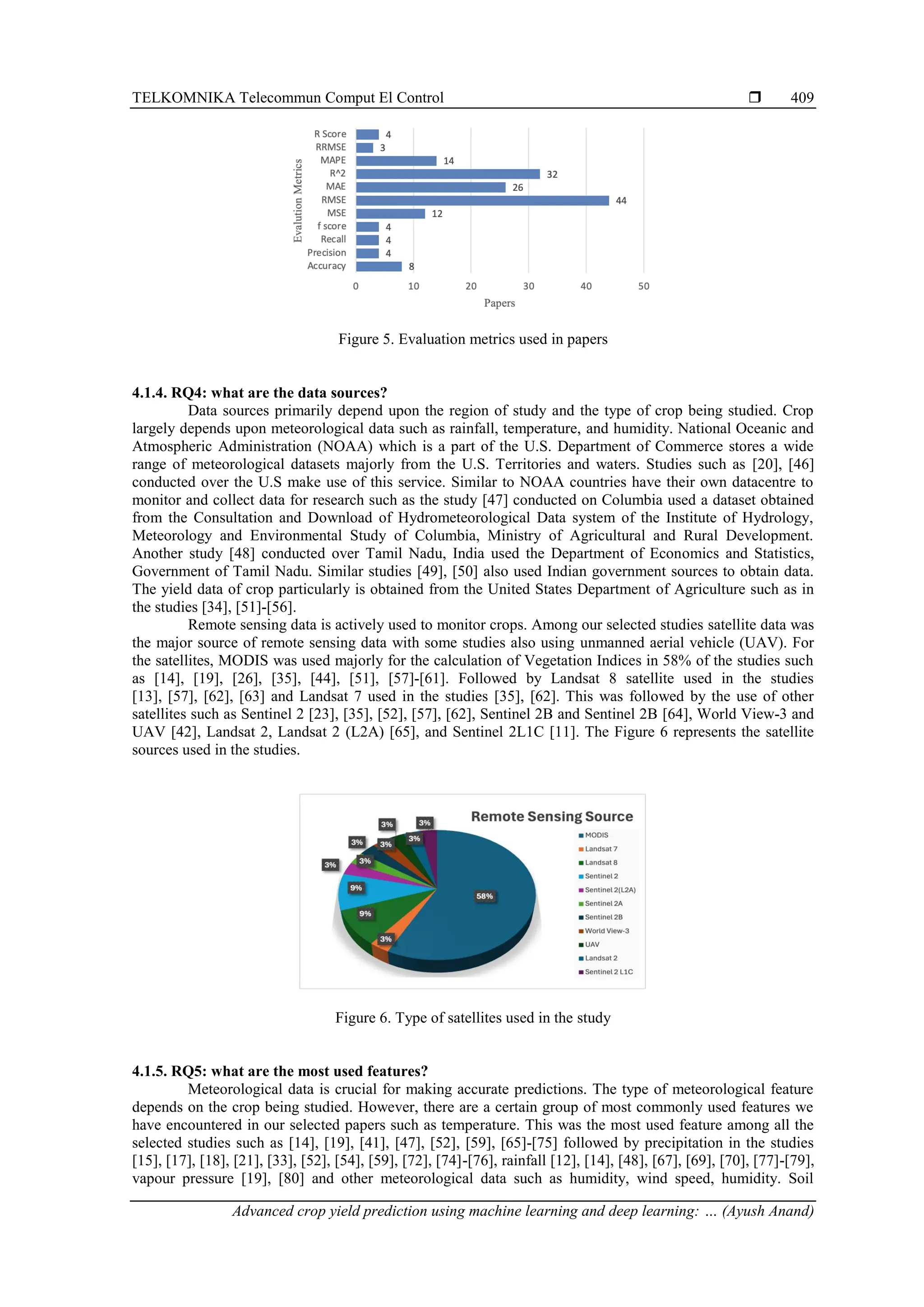 TELKOMNIKA Telecommun Comput El Control 
Advanced crop yield prediction using machine learning and deep learning: … (Ayush Anand)
409
Figure 5. Evaluation metrics used in papers
4.1.4. RQ4: what are the data sources?
Data sources primarily depend upon the region of study and the type of crop being studied. Crop
largely depends upon meteorological data such as rainfall, temperature, and humidity. National Oceanic and
Atmospheric Administration (NOAA) which is a part of the U.S. Department of Commerce stores a wide
range of meteorological datasets majorly from the U.S. Territories and waters. Studies such as [20], [46]
conducted over the U.S make use of this service. Similar to NOAA countries have their own datacentre to
monitor and collect data for research such as the study [47] conducted on Columbia used a dataset obtained
from the Consultation and Download of Hydrometeorological Data system of the Institute of Hydrology,
Meteorology and Environmental Study of Columbia, Ministry of Agricultural and Rural Development.
Another study [48] conducted over Tamil Nadu, India used the Department of Economics and Statistics,
Government of Tamil Nadu. Similar studies [49], [50] also used Indian government sources to obtain data.
The yield data of crop particularly is obtained from the United States Department of Agriculture such as in
the studies [34], [51]-[56].
Remote sensing data is actively used to monitor crops. Among our selected studies satellite data was
the major source of remote sensing data with some studies also using unmanned aerial vehicle (UAV). For
the satellites, MODIS was used majorly for the calculation of Vegetation Indices in 58% of the studies such
as [14], [19], [26], [35], [44], [51], [57]-[61]. Followed by Landsat 8 satellite used in the studies
[13], [57], [62], [63] and Landsat 7 used in the studies [35], [62]. This was followed by the use of other
satellites such as Sentinel 2 [23], [35], [52], [57], [62], Sentinel 2B and Sentinel 2B [64], World View-3 and
UAV [42], Landsat 2, Landsat 2 (L2A) [65], and Sentinel 2L1C [11]. The Figure 6 represents the satellite
sources used in the studies.
Figure 6. Type of satellites used in the study
4.1.5. RQ5: what are the most used features?
Meteorological data is crucial for making accurate predictions. The type of meteorological feature
depends on the crop being studied. However, there are a certain group of most commonly used features we
have encountered in our selected papers such as temperature. This was the most used feature among all the
selected studies such as [14], [19], [41], [47], [52], [59], [65]-[75] followed by precipitation in the studies
[15], [17], [18], [21], [33], [52], [54], [59], [72], [74]-[76], rainfall [12], [14], [48], [67], [69], [70], [77]-[79],
vapour pressure [19], [80] and other meteorological data such as humidity, wind speed, humidity. Soil
 
