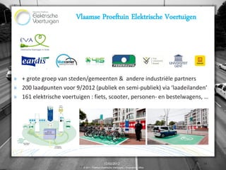 Vlaamse Proeftuin Elektrische Voertuigen




» + grote groep van steden/gemeenten & andere industriële partners
» 200 laadpunten voor 9/2012 (publiek en semi-publiek) via ‘laadeilanden’
» 161 elektrische voertuigen : fiets, scooter, personen- en bestelwagens, …




                                              12/02/2012                                14
                          © 2011, Proeftuin Elektrische Voertuigen – Programme Office
 