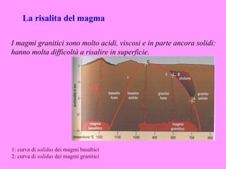 La risalita del magma

I magmi granitici sono molto acidi, viscosi e in parte ancora solidi:
hanno molta difficoltà a risalire in superficie.




1: curva di solidus dei magmi basaltici
2: curva di solidus dei magmi granitici
 