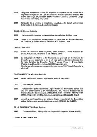 2005 "Algunas reflexiones sobre lo objetivo y subjetivo en la teoría de la imputación objetiva", en Los desafios del derecho penal en el siglo XXI, Libro homenaje al profesor doctor Günther Jakobs, Guillermo Jorge Yacobucci (director), Ara, Lima. 
2001 Conducta de la víctima e imputación objetiva, J.M. Bosch-Universidad Externado de Colombia, Barcelona-Bogotá. 
CARO JOHN, José Antonio 
2003 La imputación objetiva en la participación delictiva, Grijley, Lima. 
2004 Sobre la no punibilidad de las conductas neutrales, en: Revista Peruana de Doctrina y Jurisprudencia Penales, Nº 5, Grijley, Lima. 
CEREZO MIR José. 
2000 Curso de Derecho Penal Español, Parte General, Teoría Jurídica del Delito. Volumen II. TECNOS, 6ª ed. Madrid. 2000 
2008 La influencia de Welzel y del finalismo, en general, en la Ciencia del Derecho penal española y en la de los países iberoamericanos. En, Revista Jurídica de Derecho Penal Procesal Penal y Criminología. [Fecha de publicación, Julio del 2008] Disponible en; 
http://www.alfonsozambrano.com/doctrina_penal/280709/dpinfluencia_welzel.pdf 
CHOCLÁN MONTALVO, José Antonio 
1998 
Deber de cuidado y delito imprudente, Bosch, Barcelona. 
CUELLO CONTRERAS Joaquín. 
2006 Fundamentos para un sistema Lógico-funcional de derecho penal. Más allá del ontologismo y el normativismo. En, Revista Electrónica de Ciencia Penal y Criminología ARTÍCULOS, ISSN 1695-0194 RECPC 08-01 (2006). Disponible en: http://criminet.ugr.es/recpc/08/recpc08-01.pdf 
2007 Autoría y participación en un sistema lógico – funcional. En: Dogmática actual de la autoría y participación criminal, IDEMSA, Junio 2007. 
DE LA GÁNDARA VALLEJO, Beatriz, 
1995 Consentimiento, bien jurídico e imputación objetiva, Colex, Madrid. 
DIETRICH HERZBERG, Rolf. 
134 | P á g i n a 
 