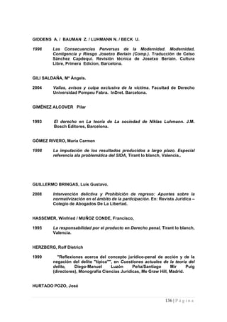GIDDENS A. / BAUMAN Z. / LUHMANN N. / BECK U. 
1996 Las Consecuencias Perversas de la Modernidad. Modernidad, Contigencia y Riesgo Josetxo Beriain (Comp.). Traducción de Celso Sánchez Capdequí. Revisión técnica de Josetxo Beriain. Cultura Libre, Primera Edicion, Barcelona. 
GILI SALDAÑA, Mª Àngels. 
2004 Vallas, avisos y culpa exclusiva de la víctima. Facultad de Derecho Universidad Pompeu Fabra. InDret. Barcelona. 
GIMÉNEZ ALCOVER Pilar 
1993 El derecho en La teoría de La sociedad de Niklas Luhmann. J.M. Bosch Editores, Barcelona. 
GÓMEZ RIVERO, María Carmen 
1998 La imputación de los resultados producidos a largo plazo. Especial referencia ala problemática del SIDA, Tirant lo blanch, Valencia,. 
GUILLERMO BRINGAS, Luís Gustavo. 
2008 Intervención delictiva y Prohibición de regreso: Apuntes sobre la normativización en el ámbito de la participación. En: Revista Jurídica – Colegio de Abogados De La Libertad. 
HASSEMER, Winfried / MUÑOZ CONDE, Francisco, 
1995 La responsabilidad por el producto en Derecho penal, Tirant lo blanch, Valencia. 
HERZBERG, Rolf Dietrich 
1999 "Reflexiones acerca del concepto jurídico-penal de acción y de la negación del delito "típica"", en Cuestiones actuales de la teoría del delito, Diego-Manuel Luzón Peña/Santiago Mir Puig (directores), Monografía Ciencias Jurídicas, Me Graw Hill, Madrid. 
HURTADO POZO, José 
136 | P á g i n a 
 