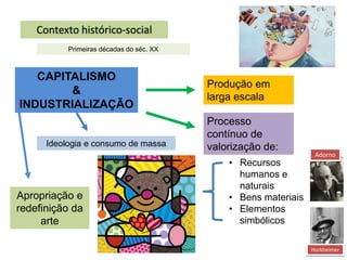 Contexto histórico-social
CAPITALISMO
&
INDUSTRIALIZAÇÃO
Produção em
larga escala
Processo
contínuo de
valorização de:
• Recursos
humanos e
naturais
• Bens materiais
• Elementos
simbólicos
Ideologia e consumo de massa
Apropriação e
redefinição da
arte
Adorno
Horkheimer
Primeiras décadas do séc. XX
 