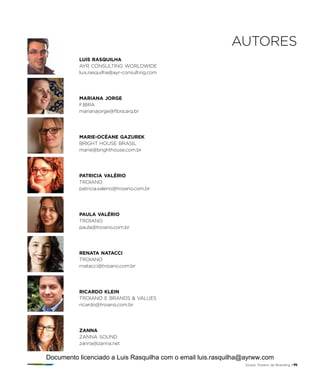 AUTORES
LUIS RASQUILHA
AYR CONSULTING WORLDWIDE
luis.rasquilha@ayr-consulting.com
MARIANA JORGE
F.IBRA
marianajorge@fibra.arq.br
MARIE-OCÉANE GAZUREK
BRIGHT HOUSE BRASIL
marie@brighthouse.com.br
PATRICIA VALÉRIO
TROIANO
patricia.valerio@troiano.com.br
PAULA VALÉRIO
TROIANO
paula@troiano.com.br
RENATA NATACCI
TROIANO
rnatacci@troiano.com.br
RICARDO KLEIN
TROIANO E BRANDS & VALUES
ricardo@troiano.com.br
ZANNA
ZANNA SOUND
zanna@zanna.net
Grupo Troiano de Branding P71
Documento licenciado a Luis Rasquilha com o email luis.rasquilha@ayrww.com
 