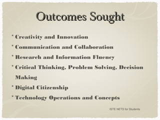 Outcomes SoughtOutcomes Sought
ISTE NETS for Students
* Creativity and Innovation
* Communication and Collaboration
* Research and Information Fluency
* Critical Thinking, Problem Solving, Decision
Making
* Digital Citizenship
* Technology Operations and Concepts
 