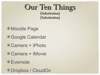 Our Ten ThingsOur Ten Things
(Substitution)(Substitution)
(Substitution)(Substitution)
Moodle Page
Google Calendar
Camera + iPhoto
Camera + iMovie
Evernote
Dropbox / CloudOn
 