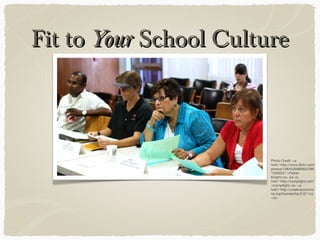 Fit toFit to YourYour School CultureSchool Culture
Photo Credit: <a
href="http://www.flickr.com/
photos/10845359@N02/280
1526022/">Parker
Knight</a> via <a
href="http://compfight.com"
>Compfight</a> <a
href="http://creativecommo
ns.org/licenses/by/2.0/">cc
</a>
 