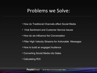 Problems we Solve: How do Traditional Channels effect Social Media Viral Sentiment and Customer Service Issues How do we influence the Conversation Filter High Velocity Streams for Actionable  Messages How to build an engaged Audience Converting Social Media into Sales Calculating ROI 