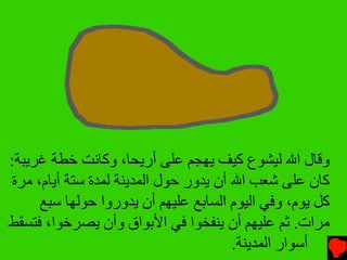 ‫وﻗﺎل اﷲ ﻝﻴﺸﻮع آﻴﻒ ﻳﻬﺠﻢ ﻋﻠﻰ أرﻳﺤﺎ، وآﺎﻧﺖ ﺥﻄﺔ ﻏﺮﻳﺒﺔ:‬
‫آﺎن ﻋﻠﻰ ﺵﻌﺐ اﷲ أن ﻳﺪور ﺡﻮل اﻝﻤﺪﻳﻨﺔ ﻝﻤﺪة ﺱﺘﺔ أﻳﺎم، ﻡﺮة‬
     ‫آﻞ ﻳﻮم، وﻓﻲ اﻝﻴﻮم اﻝﺴﺎﺏﻊ ﻋﻠﻴﻬﻢ أن ﻳﺪوروا ﺡﻮﻝﻬﺎ ﺱﺒﻊ‬
‫ﻡﺮات. ﺙﻢ ﻋﻠﻴﻬﻢ أن ﻳﻨﻔﺨﻮا ﻓﻲ اﻷﺏﻮاق وأن ﻳﺼﺮﺥﻮا، ﻓﺘﺴﻘﻂ‬
                                       ‫أﺱﻮار اﻝﻤﺪﻳﻨﺔ.‬
 