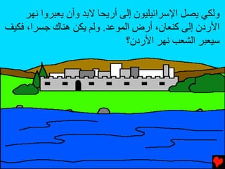 ‫وﻝﻜﻲ ﻳﺼﻞ اﻹﺱﺮاﺉﻴﻠﻴﻮن إﻝﻰ أرﻳﺤﺎ ﻻﺏﺪ وأن ﻳﻌﺒﺮوا ﻧﻬﺮ‬
‫اﻷردن إﻝﻰ آﻨﻌﺎن، أرض اﻝﻤﻮﻋﺪ. وﻝﻢ ﻳﻜﻦ هﻨﺎك ﺟﺴﺮا، ﻓﻜﻴﻒ‬
                               ‫ﺱﻴﻌﺒﺮ اﻝﺸﻌﺐ ﻧﻬﺮ اﻷردن؟‬
 