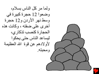 ‫وﻝﻤﺎ ﻡﺮ آﻞ اﻝﻨﺎس ﺏﺴﻼم،‬
   ‫وﺿﻌﻮا 21 ﺡﺠﺮة آﺒﻴﺮة ﻓﻲ‬
  ‫وﺱﻂ ﻧﻬﺮ اﻷردن و21 ﺡﺠﺮة‬
‫أﺥﺮى ﻋﻠﻰ ﺿﻔﺘﻪ ، وآﺎﻧﺖ هﺬﻩ‬
     ‫اﻝﺤﺠﺎرة آﻨﺼﺐ ﺕﺬآﺎري،‬
     ‫ﻝﻴﺴﺎﻋﺪ اﻝﻨﺎس ﺡﺘﻰ ﻳﺤﻜﻮا‬
 ‫ﻷوﻻدهﻢ ﻋﻦ ﻗﻮة اﷲ اﻝﻌﻈﻴﻤﺔ‬
                    ‫وﻡﺤﺒﺘﻪ.‬
 