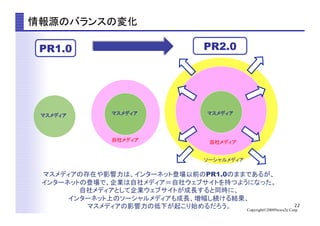 22
Copyright©2009News2u Corp.
情報源のバランスの変化	
マスメディアの存在や影響力は、インターネット登場以前のPR1.0のままであるが、
インターネットの登場で、企業は自社メディア＝自社ウェブサイトを持つようになった。
自社メディアとして企業ウェブサイトが成長すると同時に、
インターネット上のソーシャルメディアも成長、増幅し続ける結果、
マスメディアの影響力の低下が起こり始めるだろう。	
PR1.0
マスメディア	
自社メディア	
ソーシャルメディア	
マスメディア	
 マスメディア	
自社メディア	
PR2.0
 
