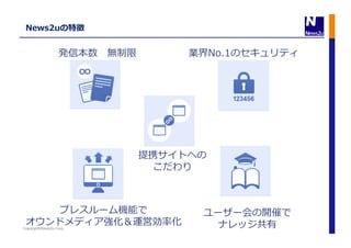 Copyright©News2u Corp.
News2uの特徴	
  
提携サイトへの	
  
こだわり	
  
発信本数 　無制限	
   業界No.1のセキュリティ	
  
プレスルーム機能で	
  
オウンドメディア強化＆運営効率率率化	
  
ユーザー会の開催で	
  
ナレッジ共有	
  
 