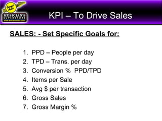 KPI – To Drive Sales
SALES: - Set Specific Goals for:
1. PPD – People per day
2. TPD – Trans. per day
3. Conversion % PPD/TPD
4. Items per Sale
5. Avg $ per transaction
6. Gross Sales
7. Gross Margin %
 