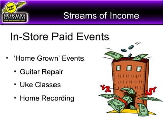 Streams of Income
In-Store Paid Events
• ‘Home Grown’ Events
• Guitar Repair
• Uke Classes
• Home Recording
 