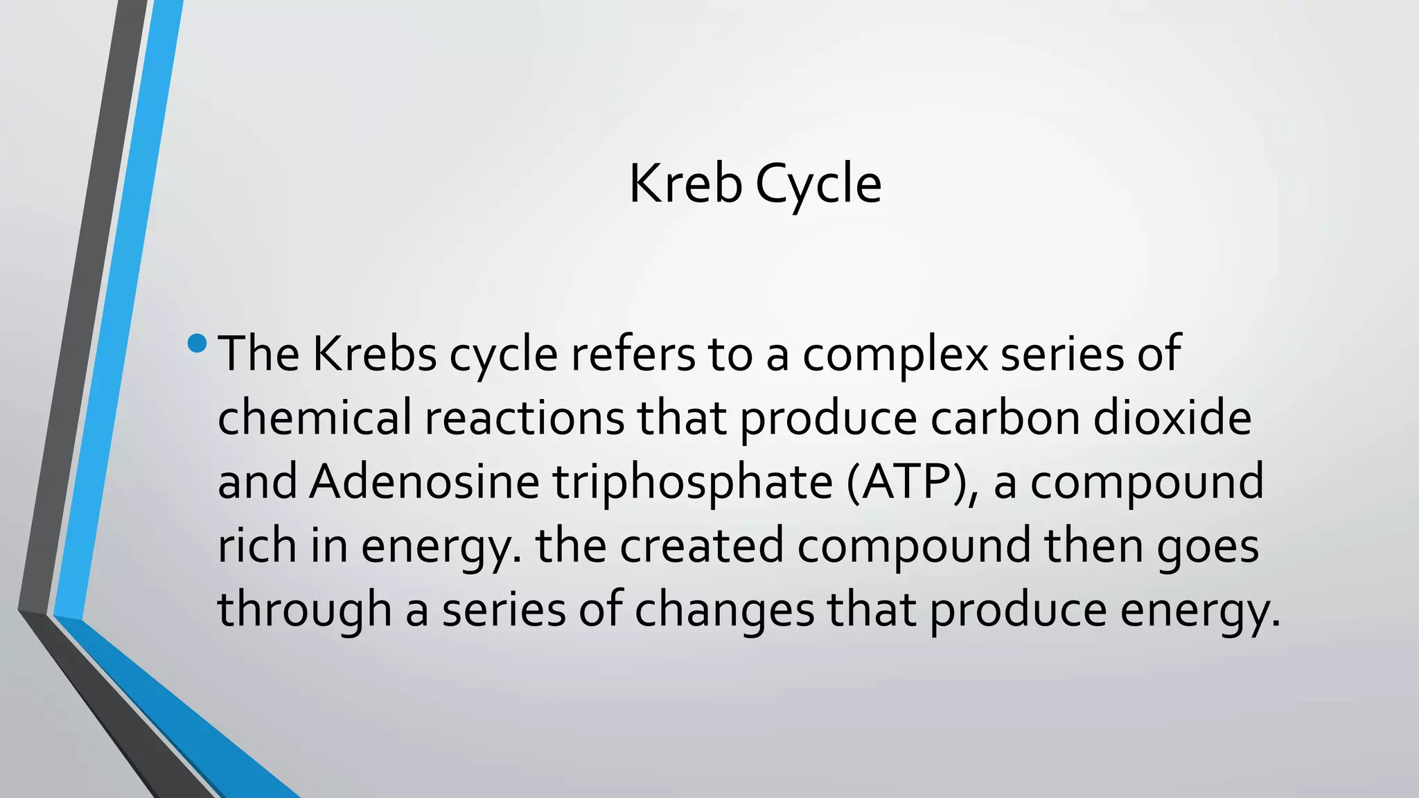 Kreb Cycle
•The Krebs cycle refers to a complex series of
chemical reactions that produce carbon dioxide
and Adenosine triphosphate (ATP), a compound
rich in energy. the created compound then goes
through a series of changes that produce energy.
 