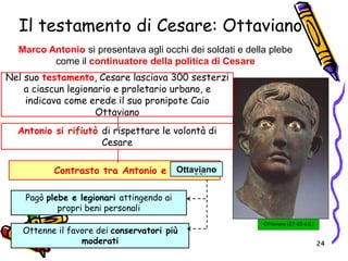 Il testamento di Cesare: Ottaviano
Marco Antonio si presentava agli occhi dei soldati e della plebe
come il continuatore della politica di Cesare
Ottaviano (27-25 a.C.)
Pagò plebe e legionari attingendo ai
propri beni personali
Ottenne il favore dei conservatori più
moderati
Nel suo testamento, Cesare lasciava 300 sesterzi
a ciascun legionario e proletario urbano, e
indicava come erede il suo pronipote Caio
Ottaviano
Antonio si rifiutò di rispettare le volontà di
Cesare
Contrasto tra Antonio e Ottaviano
24
 