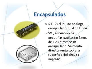 o DIP, Dual in-line package,
  encapsulado Dual de Línea.
o SOJ, alineación de
  pequeñas patillas en forma
  de J, es otro tipo de
  encapsulado. Se monta
  directamente sobre la
  superficie del circuito
  impreso.
 