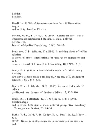 London:
Pimlico.
Bowlby, J. (1973). Attachment and loss, Vol. 2: Separation.
Anger
and anxiety. London: Pimlico.
Bowler, W. M., & Brass, D. J. (2006). Relational correlates of
interpersonal citizenship behavior. A social network
perspective.
Journal of Applied Psychology, 91(1), 70–82.
Bradshaw, C. P., &Hazan, C. (2006). Examining views of self in
relation
to views of others: Implications for research on aggression and
self-
esteem. Journal of Research in Personality, 40, 1209–1218.
Brady, F. N. (1985). A Janus-headed model of ethical theory:
Looking
two ways at business/society issues. Academy of Management
Review, 10(3), 568–576.
Brady, F. N., & Wheeler, G. E. (1996). An empirical study of
ethical
predispositions. Journal of Business Ethics, 15, 927–940.
Brass, D. J., Butterfield, K. D., & Skaggs, B. C. (1998).
Relationships
and unethical behavior: A social network perspective. Academy
of Management Review, 23, 14–31.
Burks, V. S., Laird, R. D., Dodge, K. A., Pettit, G. S., & Bates,
J. E.
(1999). Knowledge structures, social information processing,
and
 