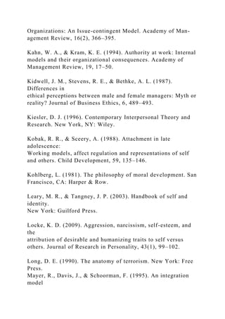 Organizations: An Issue-contingent Model. Academy of Man-
agement Review, 16(2), 366–395.
Kahn, W. A., & Kram, K. E. (1994). Authority at work: Internal
models and their organizational consequences. Academy of
Management Review, 19, 17–50.
Kidwell, J. M., Stevens, R. E., & Bethke, A. L. (1987).
Differences in
ethical perceptions between male and female managers: Myth or
reality? Journal of Business Ethics, 6, 489–493.
Kiesler, D. J. (1996). Contemporary Interpersonal Theory and
Research. New York, NY: Wiley.
Kobak, R. R., & Sceery, A. (1988). Attachment in late
adolescence:
Working models, affect regulation and representations of self
and others. Child Development, 59, 135–146.
Kohlberg, L. (1981). The philosophy of moral development. San
Francisco, CA: Harper & Row.
Leary, M. R., & Tangney, J. P. (2003). Handbook of self and
identity.
New York: Guilford Press.
Locke, K. D. (2009). Aggression, narcissism, self-esteem, and
the
attribution of desirable and humanizing traits to self versus
others. Journal of Research in Personality, 43(1), 99–102.
Long, D. E. (1990). The anatomy of terrorism. New York: Free
Press.
Mayer, R., Davis, J., & Schoorman, F. (1995). An integration
model
 