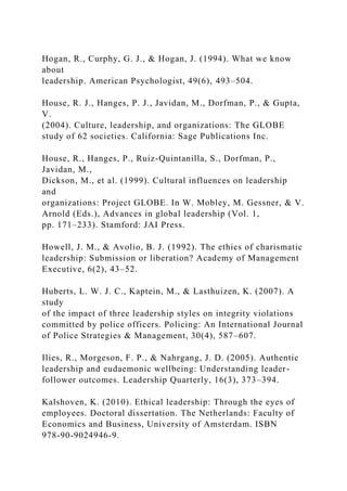Hogan, R., Curphy, G. J., & Hogan, J. (1994). What we know
about
leadership. American Psychologist, 49(6), 493–504.
House, R. J., Hanges, P. J., Javidan, M., Dorfman, P., & Gupta,
V.
(2004). Culture, leadership, and organizations: The GLOBE
study of 62 societies. California: Sage Publications Inc.
House, R., Hanges, P., Ruiz-Quintanilla, S., Dorfman, P.,
Javidan, M.,
Dickson, M., et al. (1999). Cultural influences on leadership
and
organizations: Project GLOBE. In W. Mobley, M. Gessner, & V.
Arnold (Eds.), Advances in global leadership (Vol. 1,
pp. 171–233). Stamford: JAI Press.
Howell, J. M., & Avolio, B. J. (1992). The ethics of charismatic
leadership: Submission or liberation? Academy of Management
Executive, 6(2), 43–52.
Huberts, L. W. J. C., Kaptein, M., & Lasthuizen, K. (2007). A
study
of the impact of three leadership styles on integrity violations
committed by police officers. Policing: An International Journal
of Police Strategies & Management, 30(4), 587–607.
Ilies, R., Morgeson, F. P., & Nahrgang, J. D. (2005). Authentic
leadership and eudaemonic wellbeing: Understanding leader-
follower outcomes. Leadership Quarterly, 16(3), 373–394.
Kalshoven, K. (2010). Ethical leadership: Through the eyes of
employees. Doctoral dissertation. The Netherlands: Faculty of
Economics and Business, University of Amsterdam. ISBN
978-90-9024946-9.
 