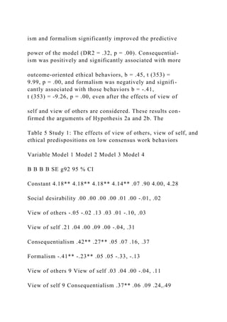 ism and formalism significantly improved the predictive
power of the model (DR2 = .32, p = .00). Consequential-
ism was positively and significantly associated with more
outcome-oriented ethical behaviors, b = .45, t (353) =
9.99, p = .00, and formalism was negatively and signifi-
cantly associated with those behaviors b = -.41,
t (353) = -9.26, p = .00, even after the effects of view of
self and view of others are considered. These results con-
firmed the arguments of Hypothesis 2a and 2b. The
Table 5 Study 1: The effects of view of others, view of self, and
ethical predispositions on low consensus work behaviors
Variable Model 1 Model 2 Model 3 Model 4
B B B B SE g92 95 % CI
Constant 4.18** 4.18** 4.18** 4.14** .07 .90 4.00, 4.28
Social desirability .00 .00 .00 .00 .01 .00 -.01, .02
View of others -.05 -.02 .13 .03 .01 -.10, .03
View of self .21 .04 .00 .09 .00 -.04, .31
Consequentialism .42** .27** .05 .07 .16, .37
Formalism -.41** -.23** .05 .05 -.33, -.13
View of others 9 View of self .03 .04 .00 -.04, .11
View of self 9 Consequentialism .37** .06 .09 .24,.49
 