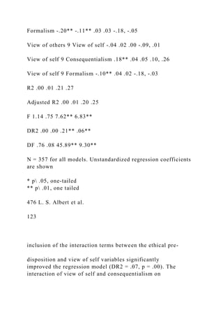 Formalism -.20** -.11** .03 .03 -.18, -.05
View of others 9 View of self -.04 .02 .00 -.09, .01
View of self 9 Consequentialism .18** .04 .05 .10, .26
View of self 9 Formalism -.10** .04 .02 -.18, -.03
R2 .00 .01 .21 .27
Adjusted R2 .00 .01 .20 .25
F 1.14 .75 7.62** 6.83**
DR2 .00 .00 .21** .06**
DF .76 .08 45.89** 9.30**
N = 357 for all models. Unstandardized regression coefficients
are shown
* p .05, one-tailed
** p .01, one tailed
476 L. S. Albert et al.
123
inclusion of the interaction terms between the ethical pre-
disposition and view of self variables significantly
improved the regression model (DR2 = .07, p = .00). The
interaction of view of self and consequentialism on
 