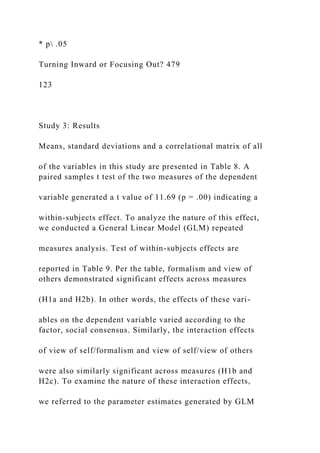 * p .05
Turning Inward or Focusing Out? 479
123
Study 3: Results
Means, standard deviations and a correlational matrix of all
of the variables in this study are presented in Table 8. A
paired samples t test of the two measures of the dependent
variable generated a t value of 11.69 (p = .00) indicating a
within-subjects effect. To analyze the nature of this effect,
we conducted a General Linear Model (GLM) repeated
measures analysis. Test of within-subjects effects are
reported in Table 9. Per the table, formalism and view of
others demonstrated significant effects across measures
(H1a and H2b). In other words, the effects of these vari-
ables on the dependent variable varied according to the
factor, social consensus. Similarly, the interaction effects
of view of self/formalism and view of self/view of others
were also similarly significant across measures (H1b and
H2c). To examine the nature of these interaction effects,
we referred to the parameter estimates generated by GLM
 